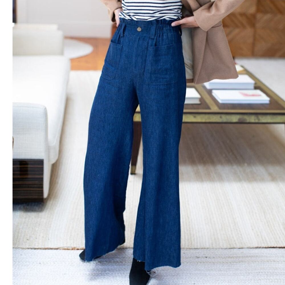 Emerson Fry Tulip Wide Leg Pants L Hemp Blend Paperbag Waist Boho Bell Bottoms